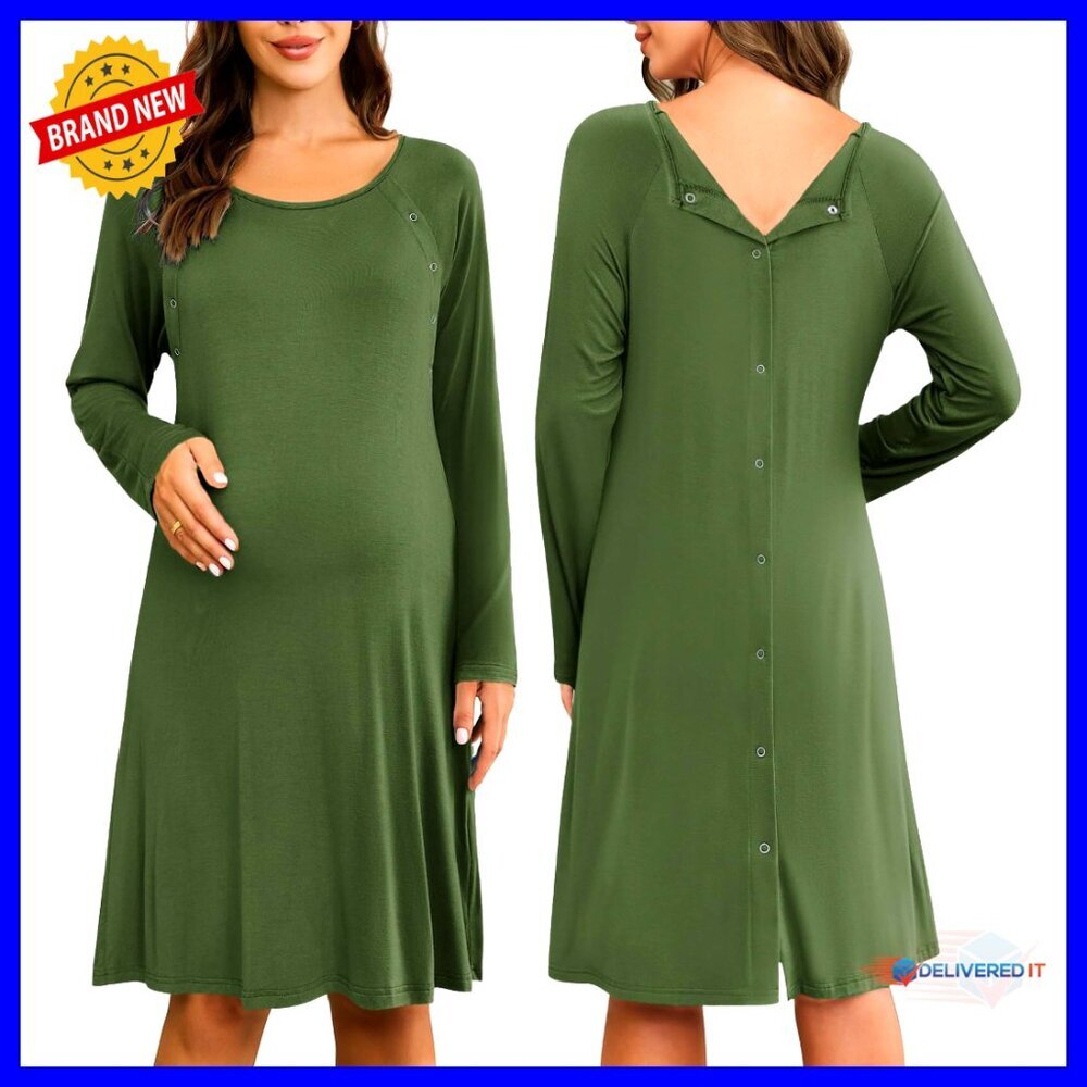 Maternity Nursing Nightgown Long Sleeve Button Back Labor Delivery Hospital